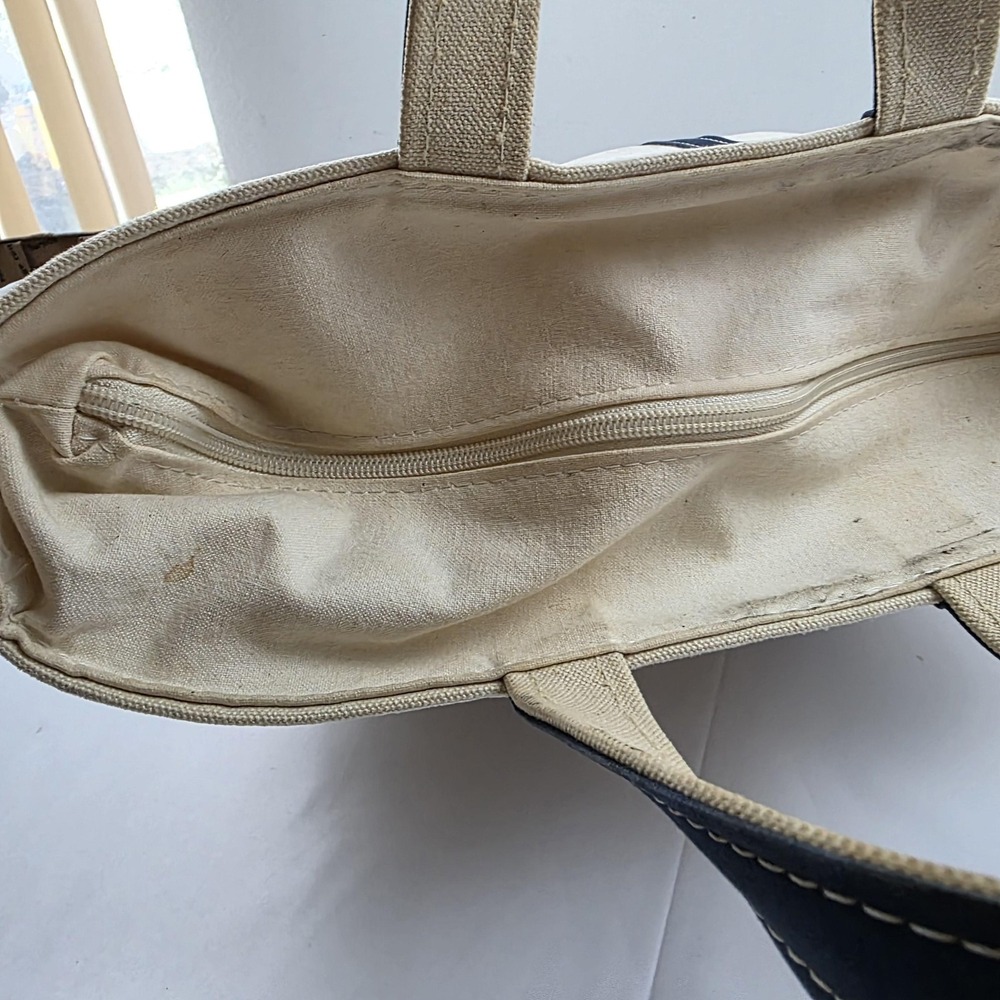 L.L. Bean Boat And Tote Bag Womens Small Beige Blue Canvas Zip Top Beach Casual - Picture 11 of 14